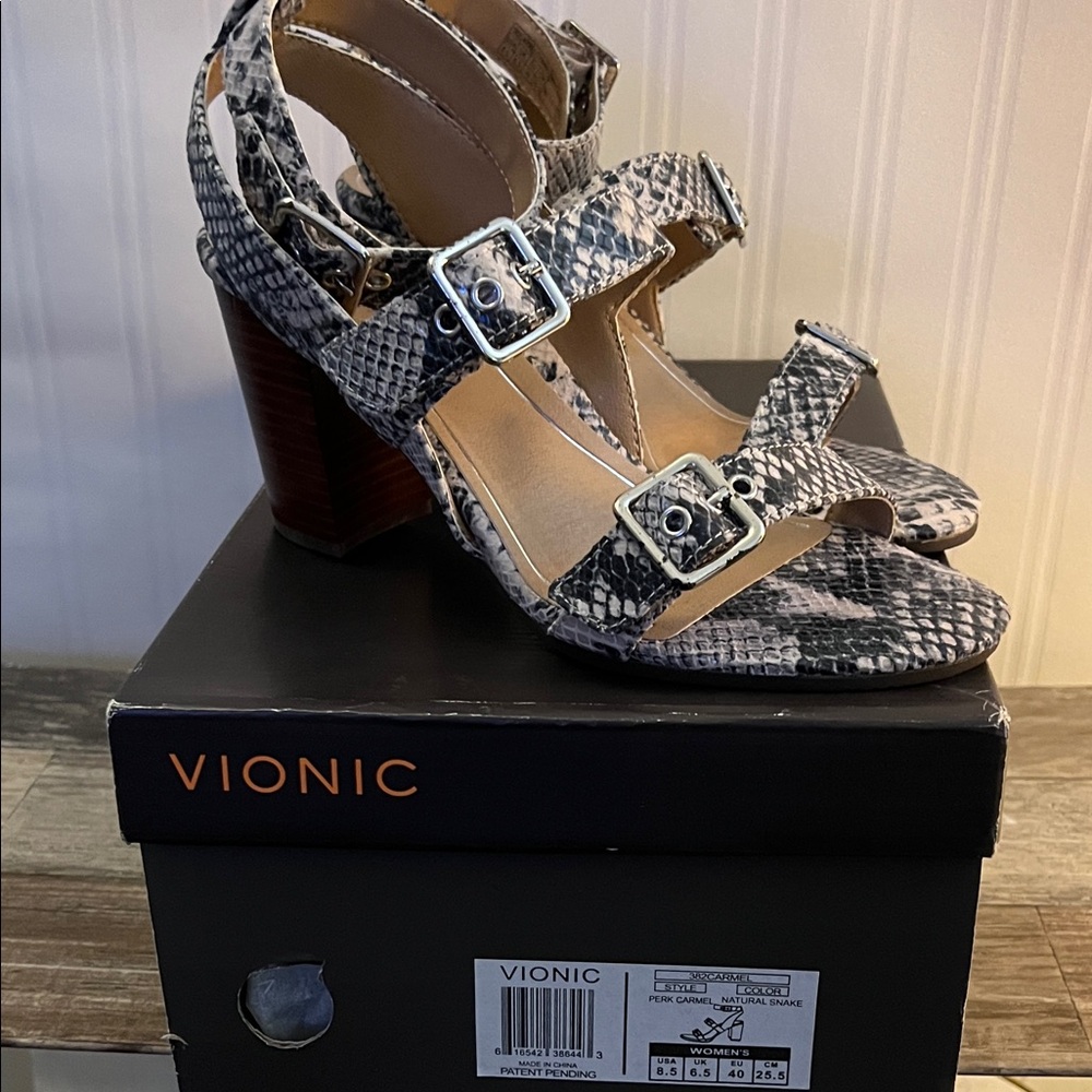 Vionic Perk Carmel Snakeskin Strappy Heeled Sandals with Buckles